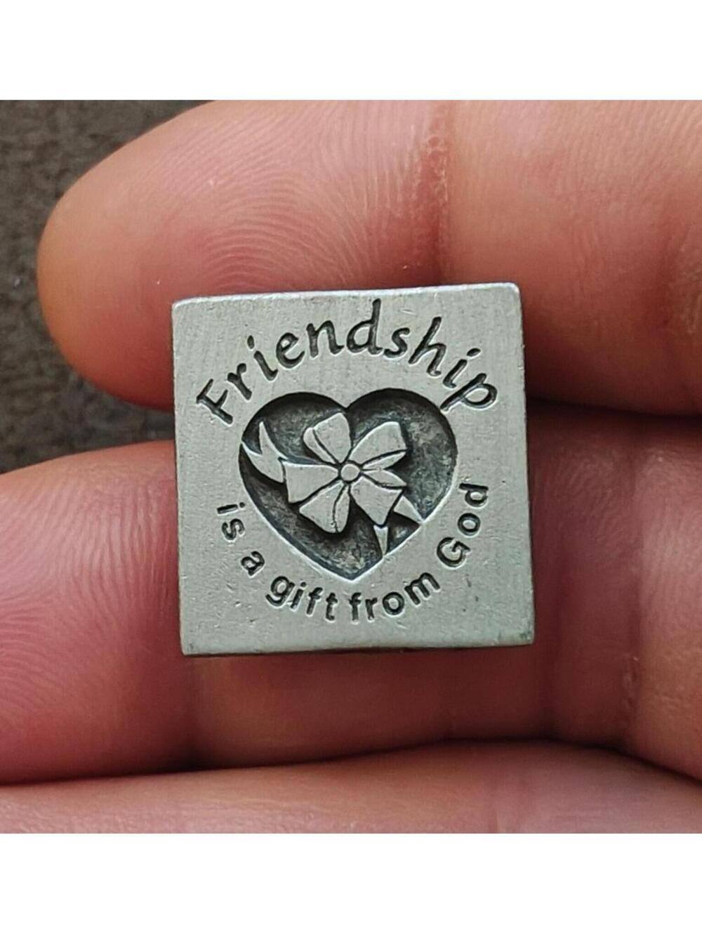 80s "Friendship is a gift from God" Pewter Pin With Engraved Heart & Ribbon
